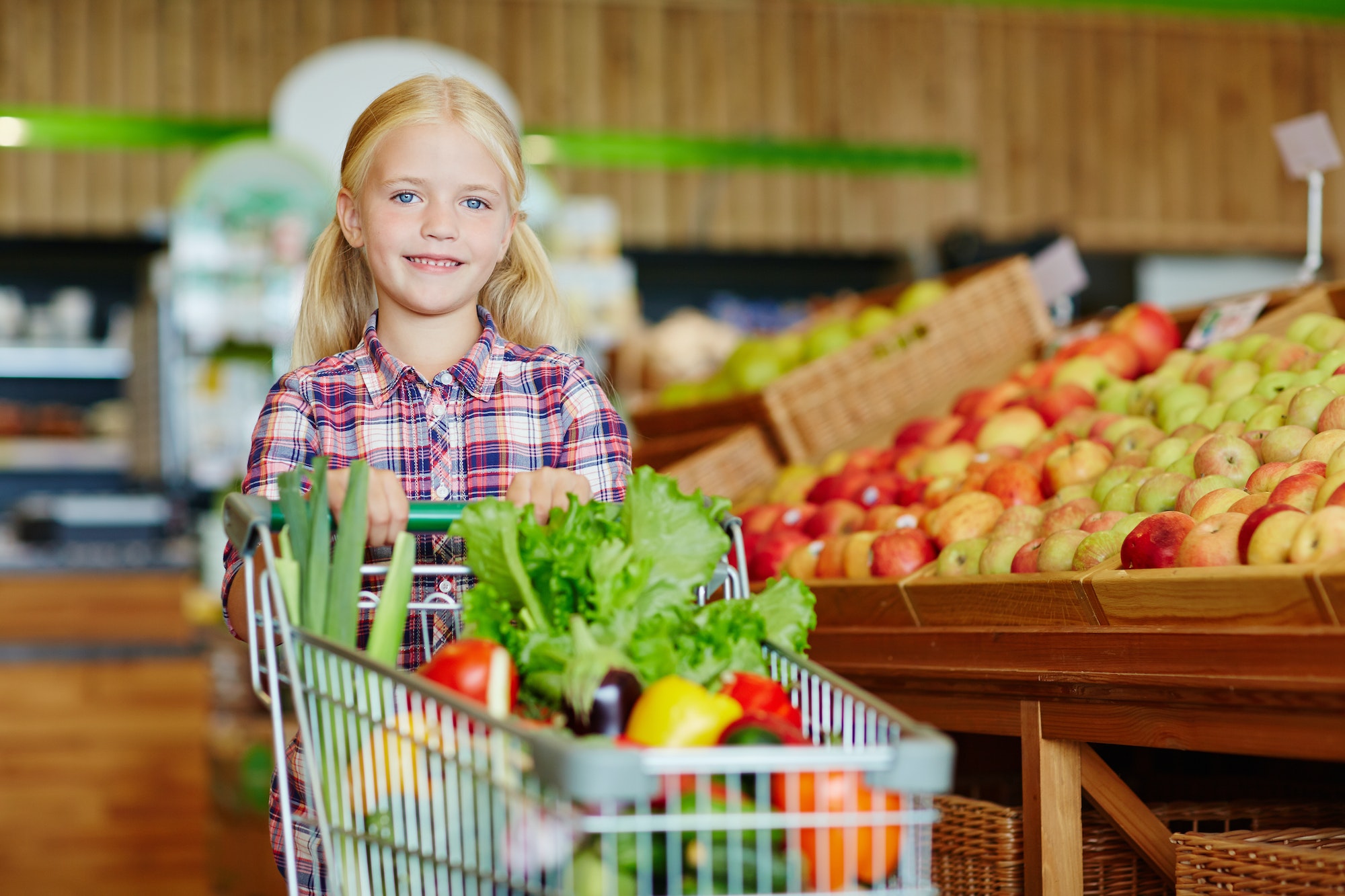 Girl with grocery products