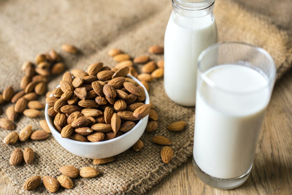 Organic almond milk and almonds